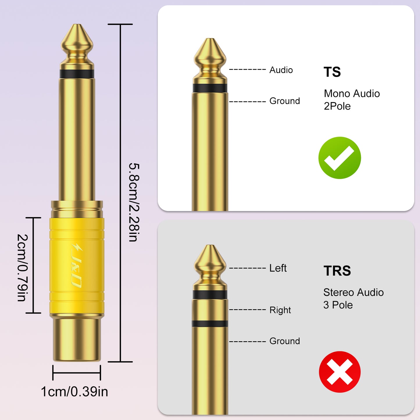 J&D RCA to 1/4 Audio Adapter 4-Pack, 6.35mm Mono Male to RCA Female, Gold-Plated