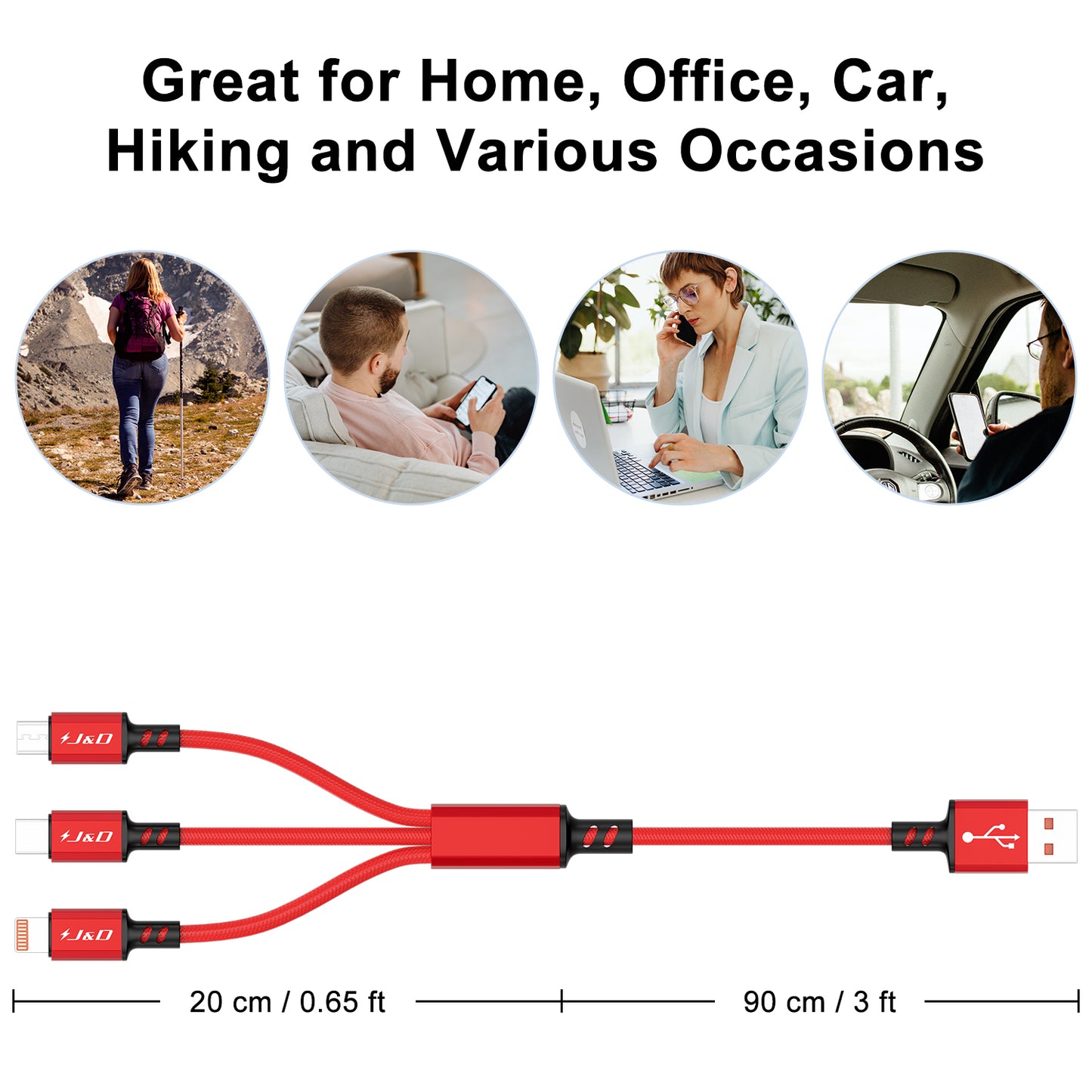 3-in-1 Multi Charging USB Cable Cord with Type-C/Micro USB/Lightning Port, 1.2 m