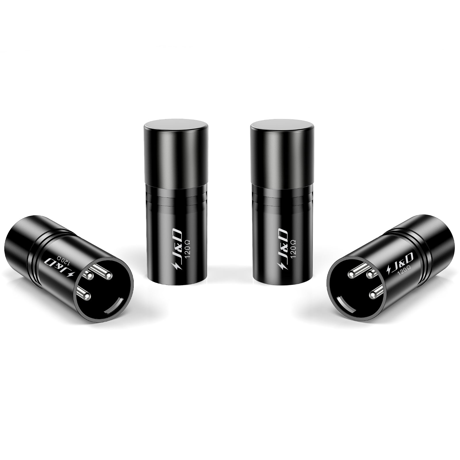 Four black cylindrical electronic adapters with silver metal contacts and white J&O branding, arranged on a clean white background.