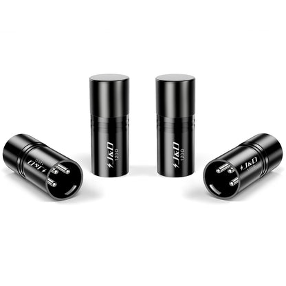 Four black cylindrical electronic adapters with silver metal contacts and white J&O branding, arranged on a clean white background.