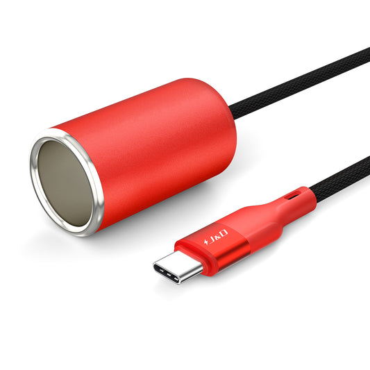 J&D USB-C to 12V Car Socket Adapter, 36W PD, for Dash Cam, GPS, Red