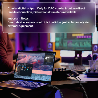 A laptop on a desk in a dimly lit studio or control room setup, with a semi-transparent text overlay explaining DAC coaxial input limitations and volume control instructions.