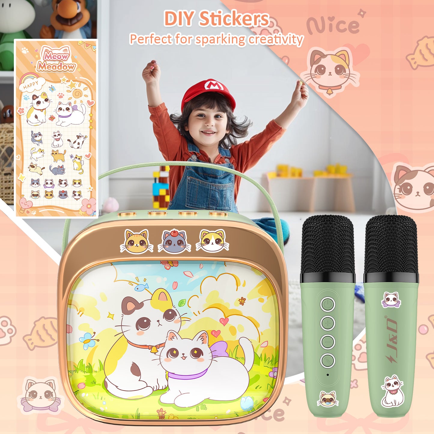 J&D Kids Karaoke Mic with LED, Bluetooth, 2 Wireless Mics - Perfect for Girls 3-10!