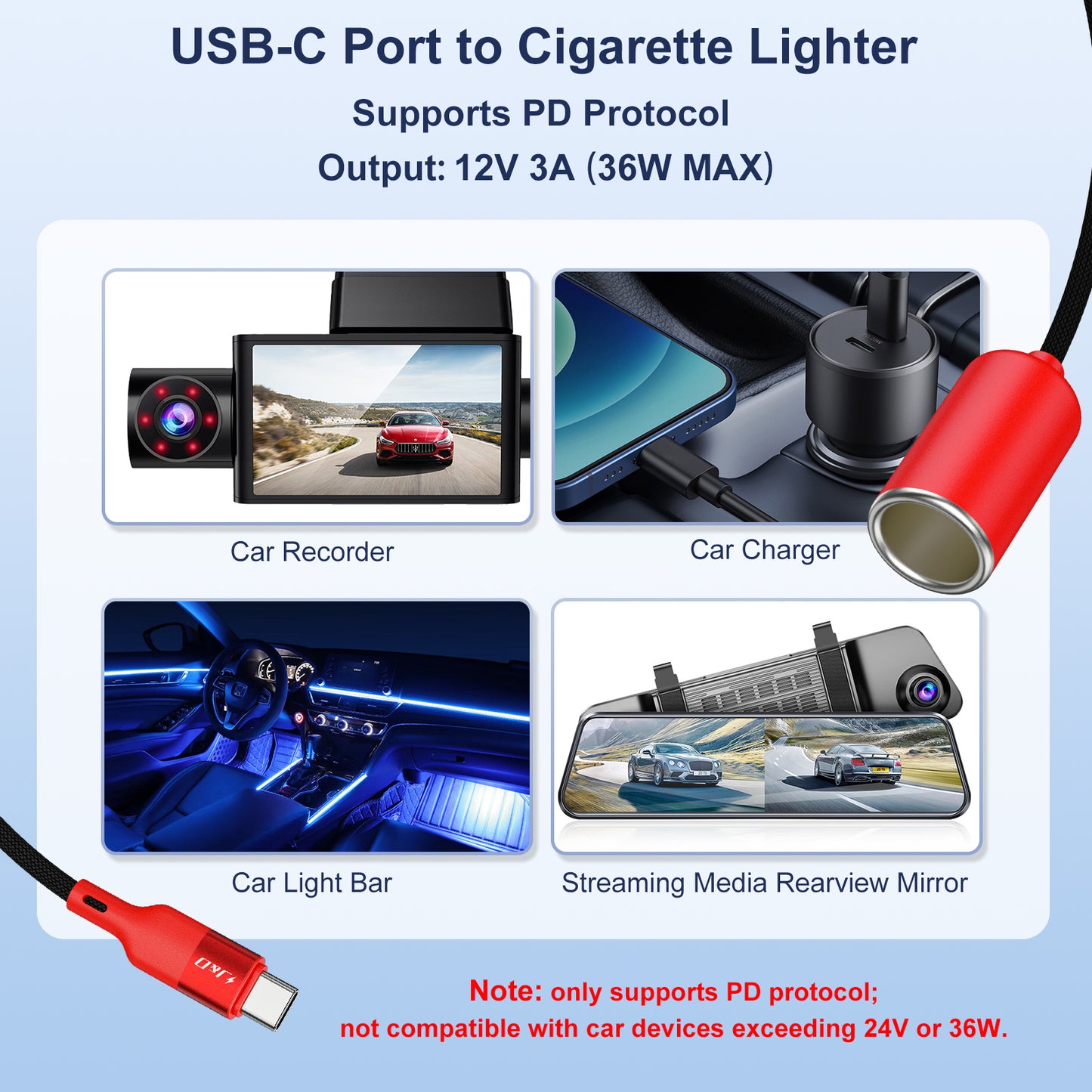 J&D USB-C to 12V Car Socket Adapter, 36W PD, for Dash Cam, GPS, Red