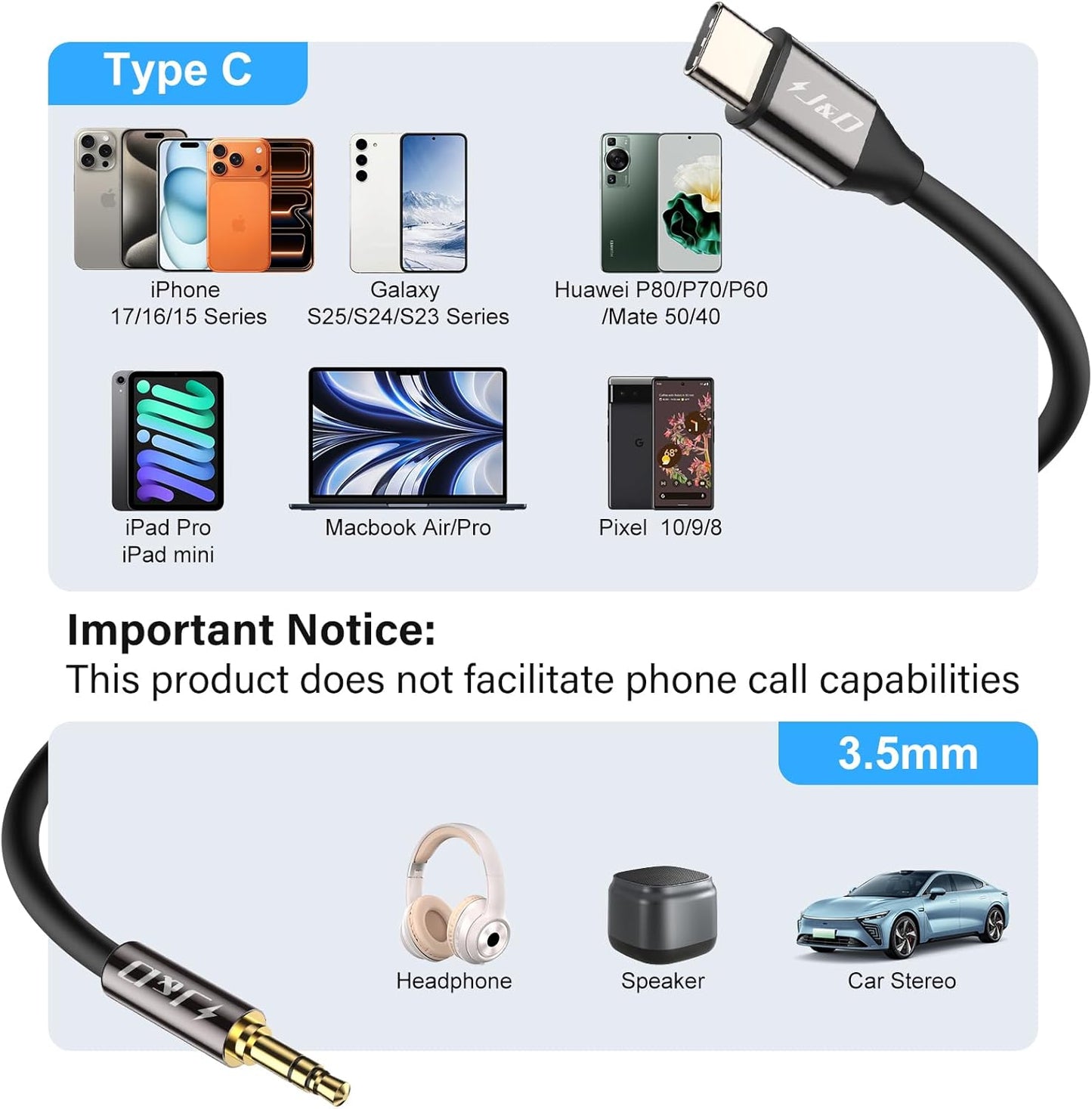 USB Type C to 3.5mm Aux Cord
