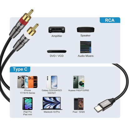 USB Type C to 2 RCA Cable - USB Type-C to 2RCA Male Audio Splitter