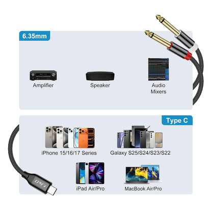 USB Type C to Dual 6.35mm Stereo Splitter Y Cable - 1/4 Inch TS Audio