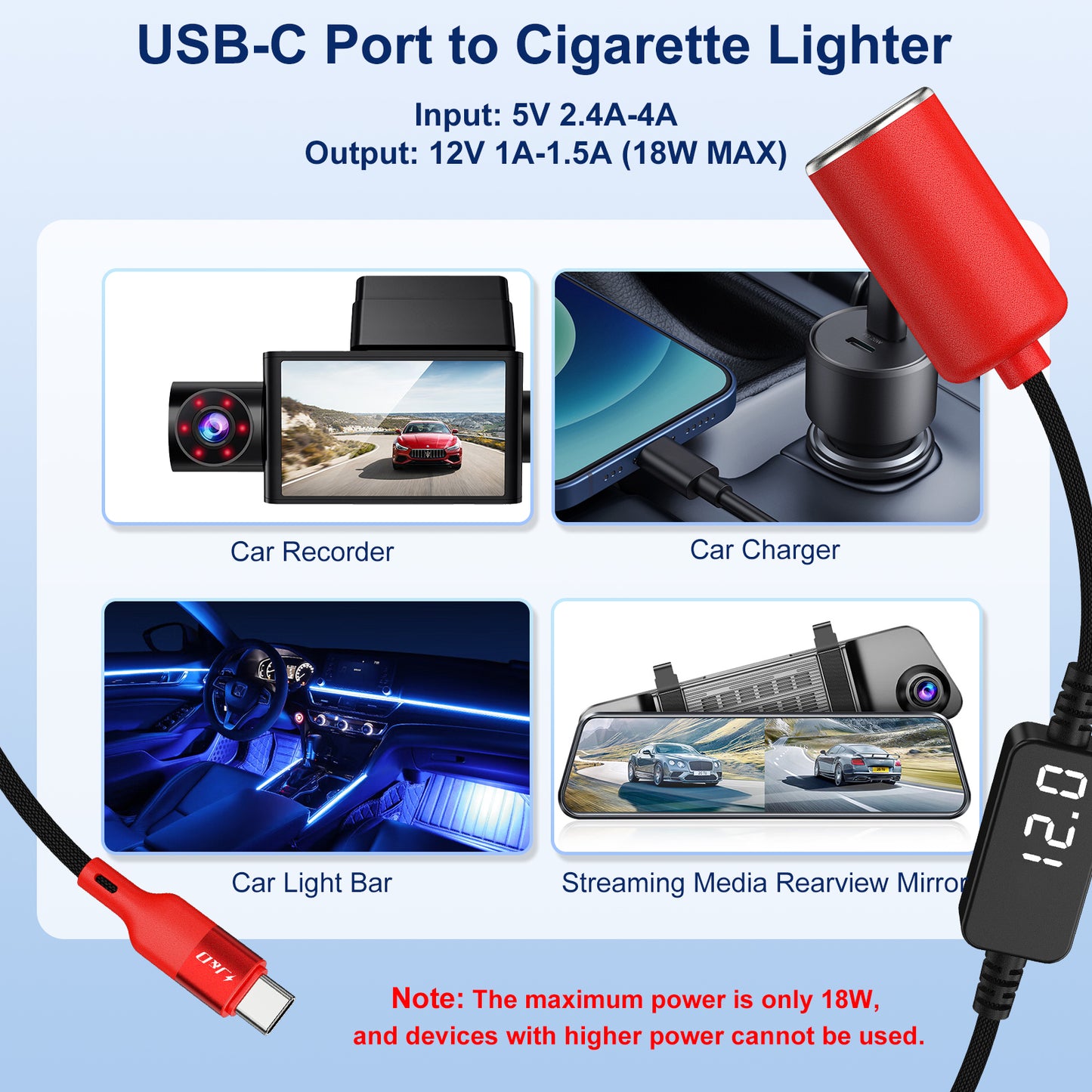 USB C to 12V Car Cigarette Lighter Adapter Cable with Voltage Display, 18W