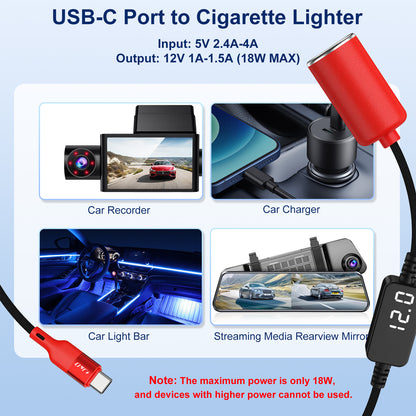 USB C to 12V Car Cigarette Lighter Adapter Cable with Voltage Display, 18W