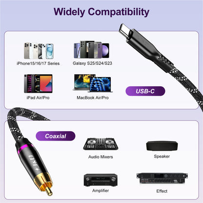 A braided black USB-C to coaxial audio adapter cable shown on a light purple infographic background with compatibility labels and small device examples including iPhone, Galaxy, iPad Air/Pro, MacBook Air/Pro, audio mixers, speaker, amplifier, and effect modules.