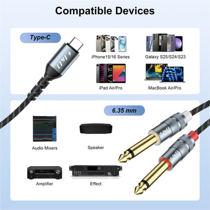 J&D USB C to 1/4 Audio Cable, Type-C to Dual 6.35mm Jack for iPhone, Galaxy, Laptop