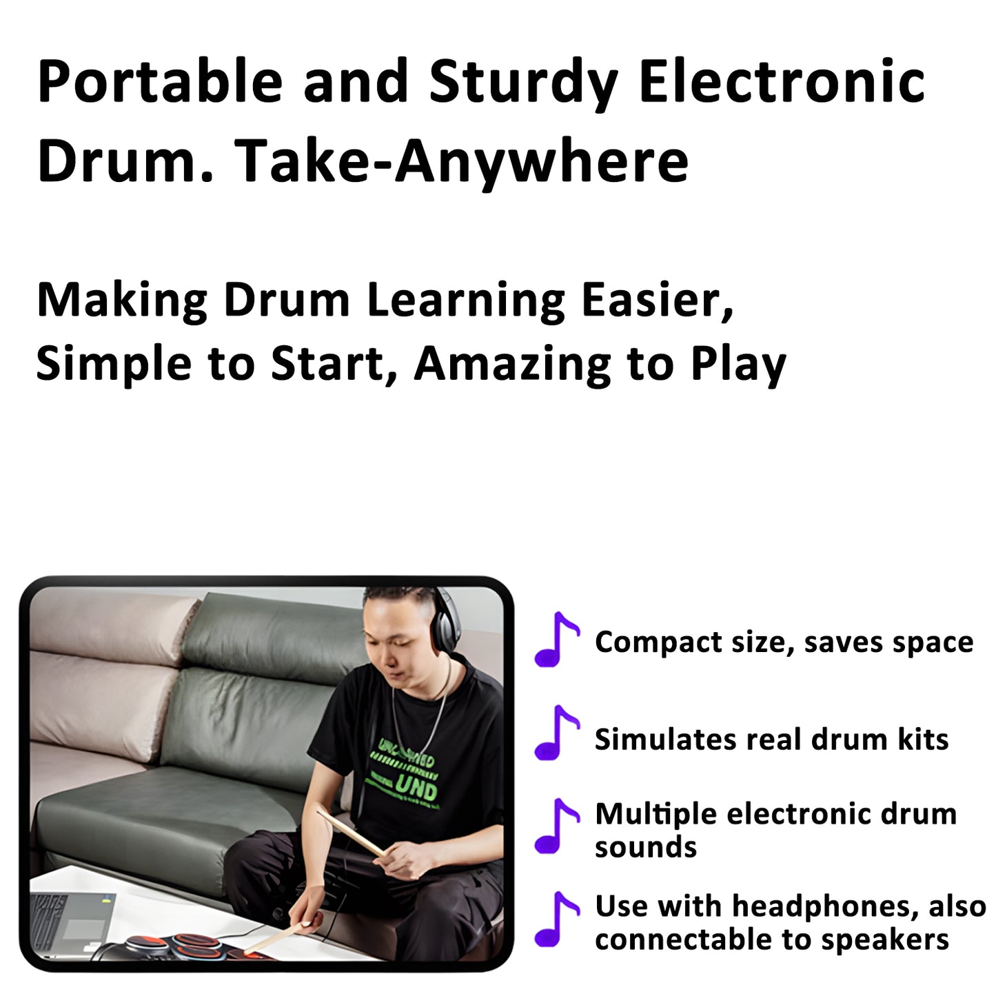 J&D Portable Desktop Electronic Drum Kit with Foldable Design, Foot Pedals, Built-in Sounds & Silent Practice