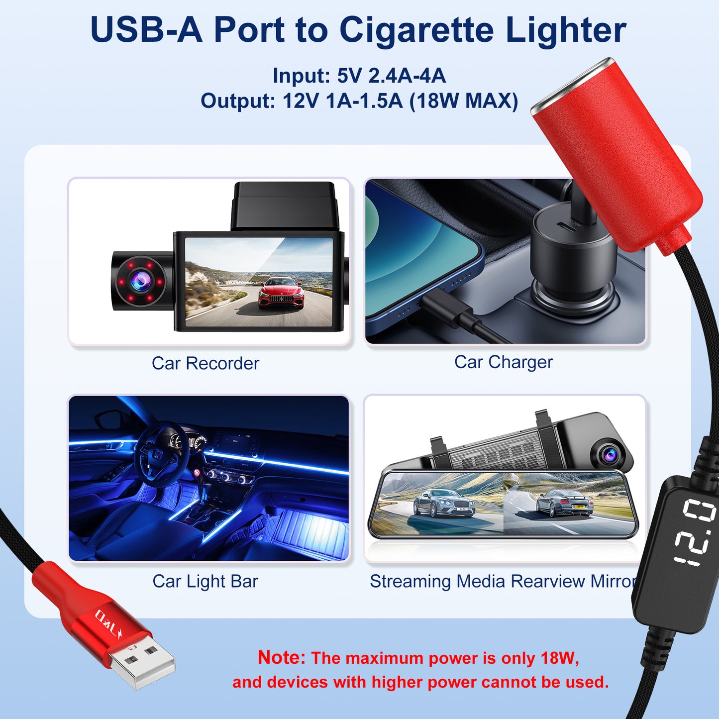 USB A to 12V Car Cigarette Lighter Socket Adapter Cable 18W Power