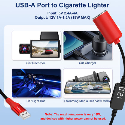 USB A to 12V Car Cigarette Lighter Socket Adapter Cable 18W Power