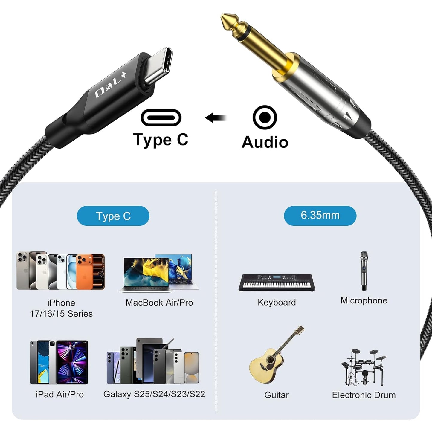 USB Type C to 6.35mm 1/4 inch TS Guitar Audio Cable