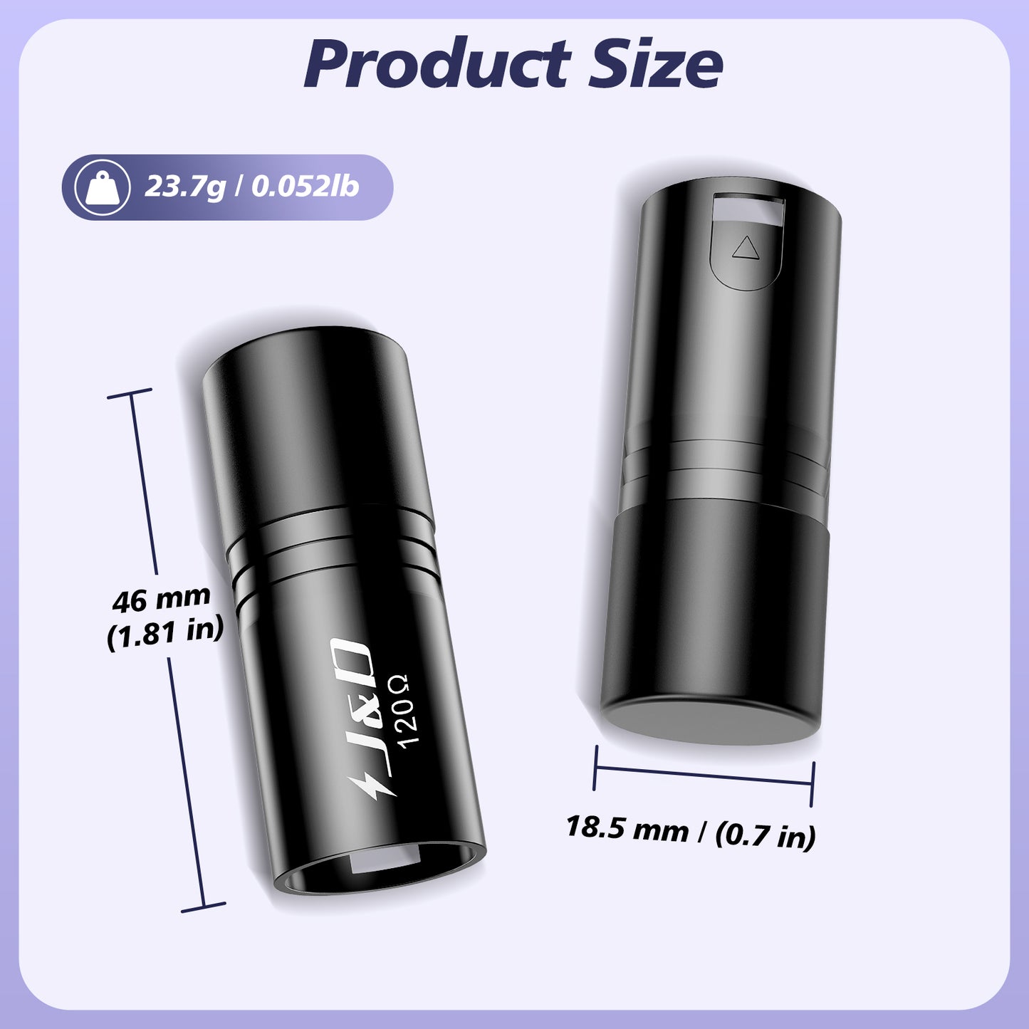 Product size diagram showing a small black cylindrical device from two angles with measurement lines and labels: 46 mm (1.81 in) tall and 18.