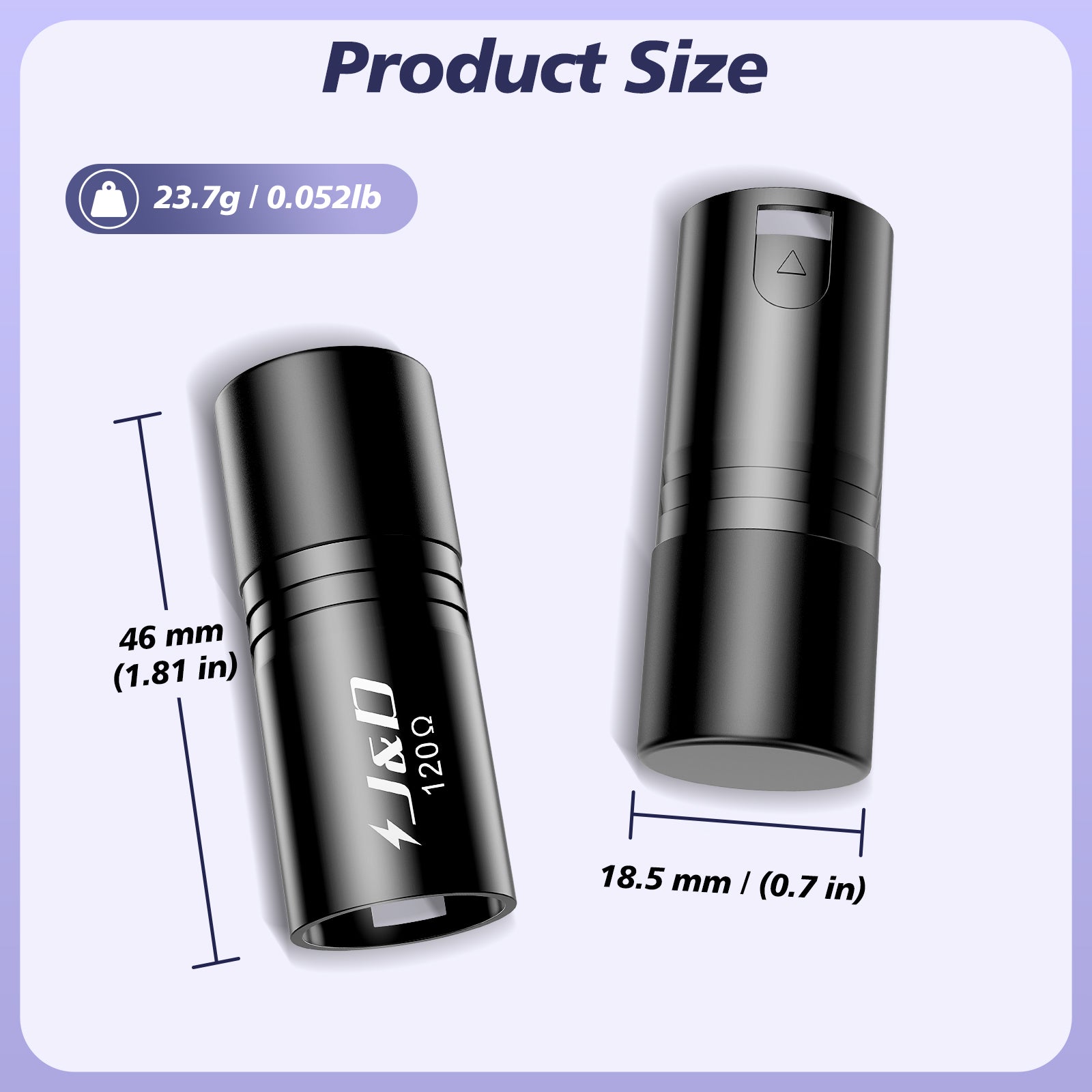 Product size diagram showing a small black cylindrical device from two angles with measurement lines and labels: 46 mm (1.81 in) tall and 18.