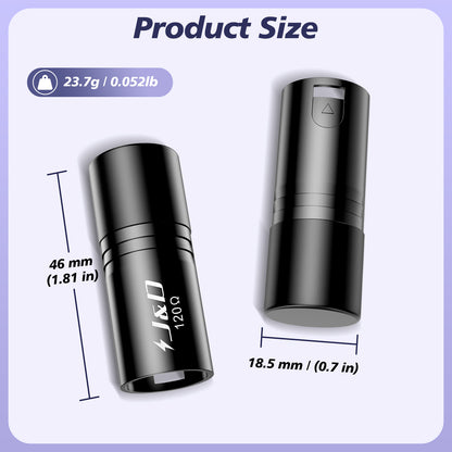 Product size diagram showing a small black cylindrical device from two angles with measurement lines and labels: 46 mm (1.81 in) tall and 18.