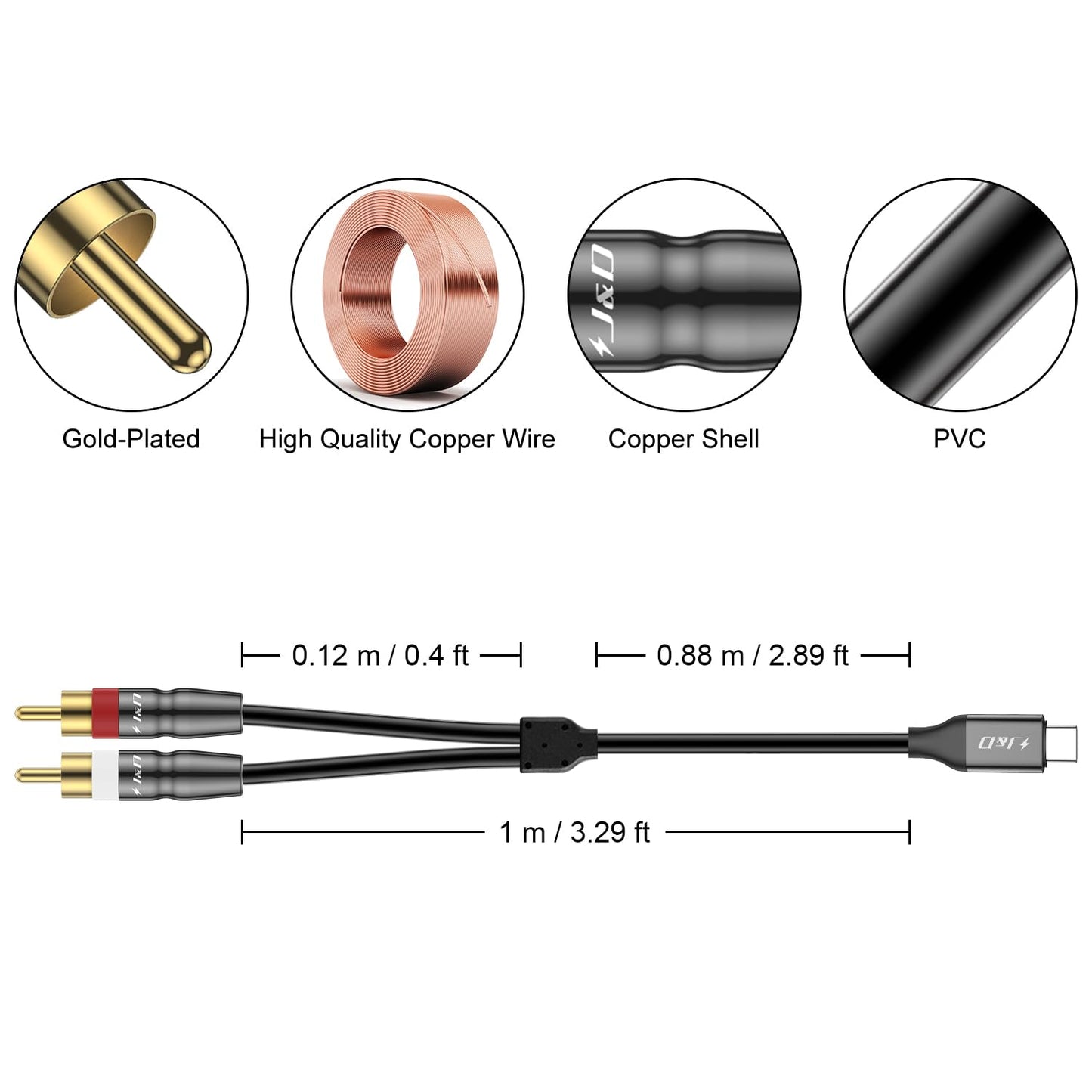 USB Type C to 2 RCA Cable - USB Type-C to 2RCA Male Audio Splitter