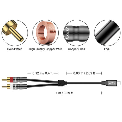 USB Type C to 2 RCA Cable - USB Type-C to 2RCA Male Audio Splitter