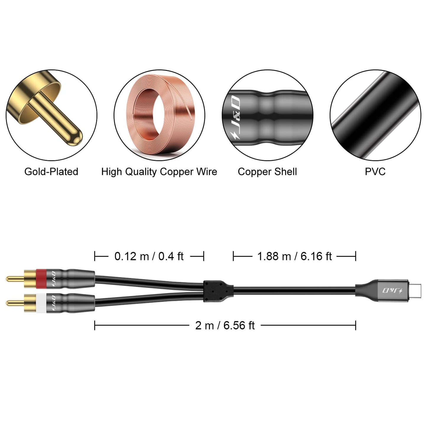USB Type C to 2 RCA Cable - USB Type-C to 2RCA Male Audio Splitter
