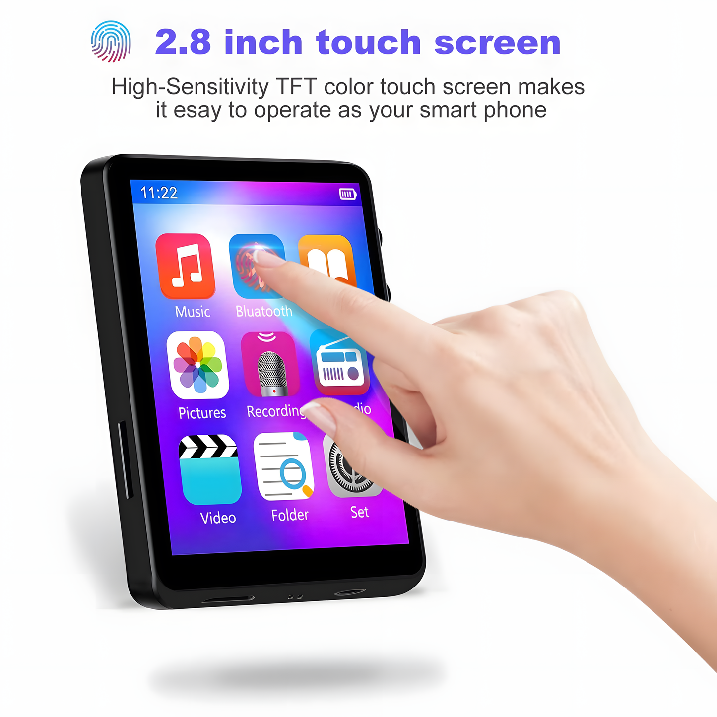 J&D 2.8-Inch Bluetooth MP3 Music Player with Touchscreen, FM Radio, Video & E-Book Support