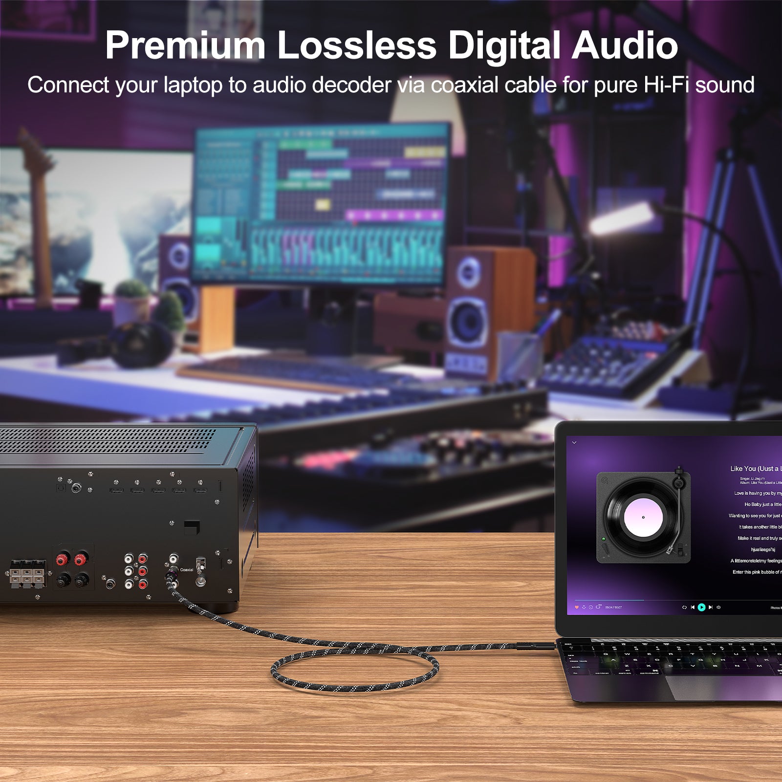 A black audio decoder device connected by cable to a laptop on a wooden desk, with a blurred audio mixing console and speakers in the background. Text at the top reads 'Premium Lossless Digital Audio' and 'Connect your laptop to audio decoder via coaxial cable for pure Hi-Fi sound.