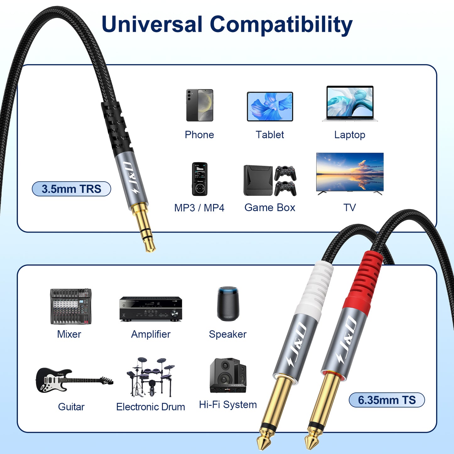 3.5mm TRS to Dual 6.35mm TS Stereo Y-Splitter Cable – Nylon Braided 1/8" to 1/4" Audio Adapter Cord for Amplifiers, Speakers, Mixers & Home Audio Systems, 3.3FT
