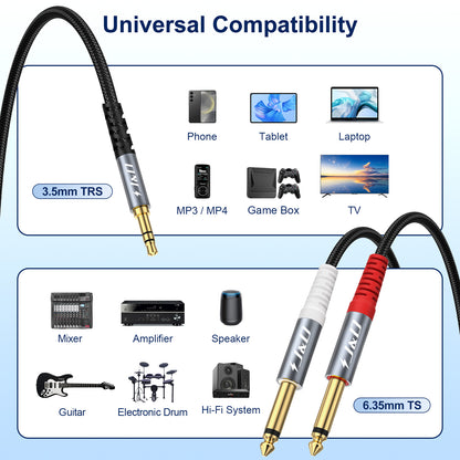3.5mm TRS to Dual 6.35mm TS Stereo Y-Splitter Cable – Nylon Braided 1/8" to 1/4" Audio Adapter Cord for Amplifiers, Speakers, Mixers & Home Audio Systems, 3.3FT