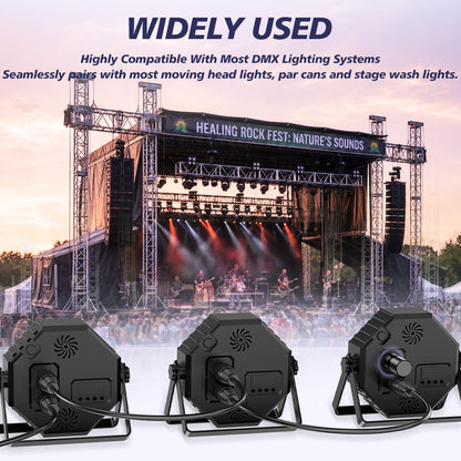 Three black DMX stage lights shown in the foreground with a large concert stage in the background under a sunset sky. Text at the top reads 'WIDELY USED' and describes compatibility with DMX lighting systems.