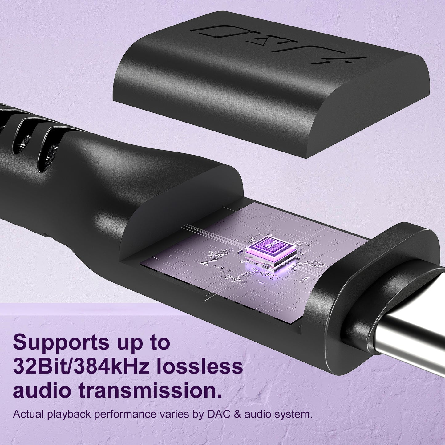 A close-up of a black audio adapter or cable component with its cap removed, showing a small purple-toned electronic chip inside. Text on the image says it supports up to 32Bit/384kHz lossless audio transmission.