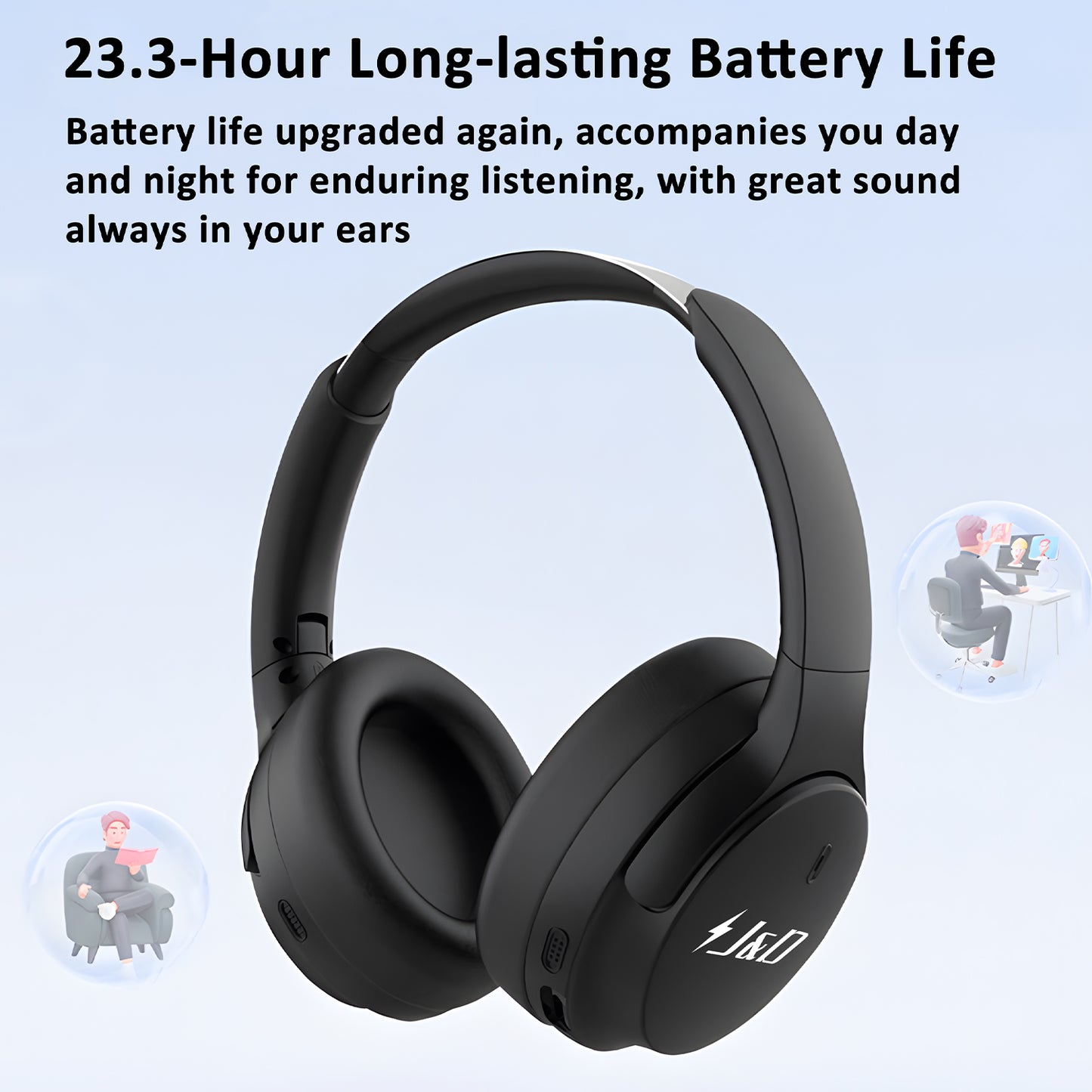 J&D Over-Ear Bluetooth Headphones with Mic, 23.3H Playtime, Ergonomic Comfort & Easy Controls