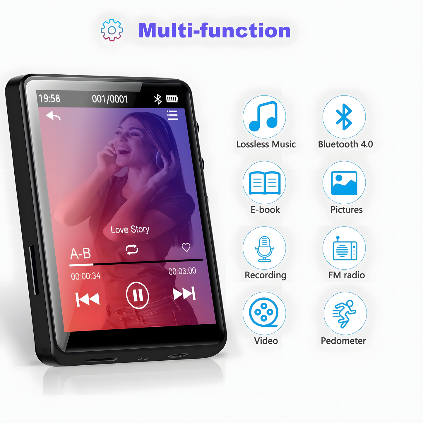 J&D 2.8-Inch Bluetooth MP3 Music Player with Touchscreen, FM Radio, Video & E-Book Support