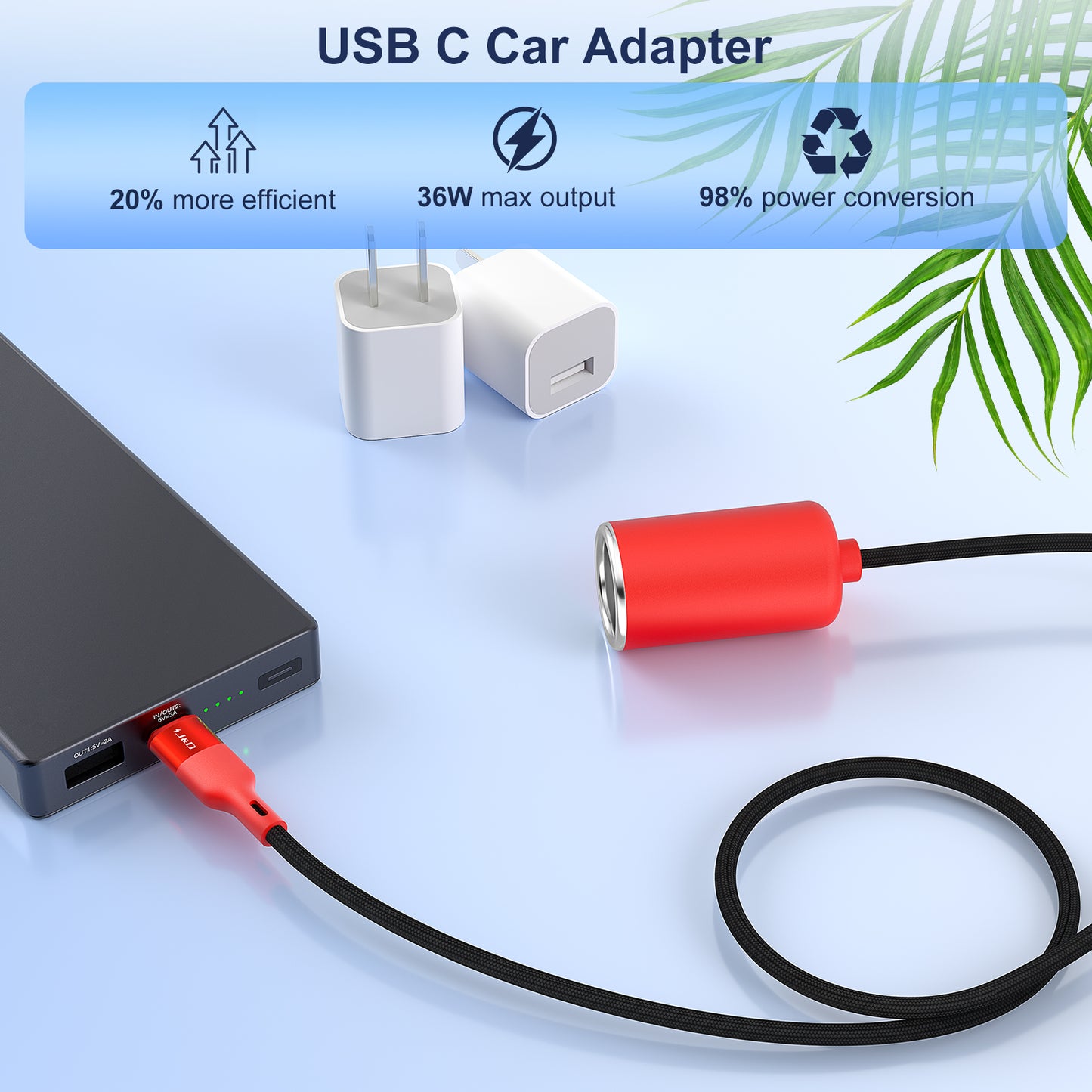 J&D USB-C to 12V Car Socket Adapter, 36W PD, for Dash Cam, GPS, Red