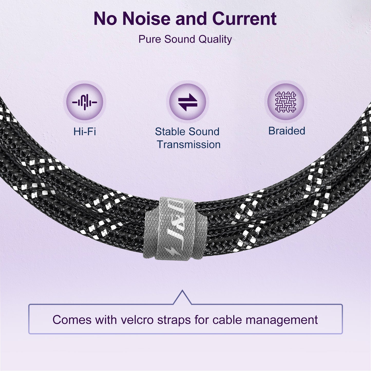 Braided audio cable with a silver metal connector clasp featuring the JBL logo, displayed on a light purple background with feature icons and text highlighting Hi-Fi sound, stable transmission, braided construction, and velcro cable management.