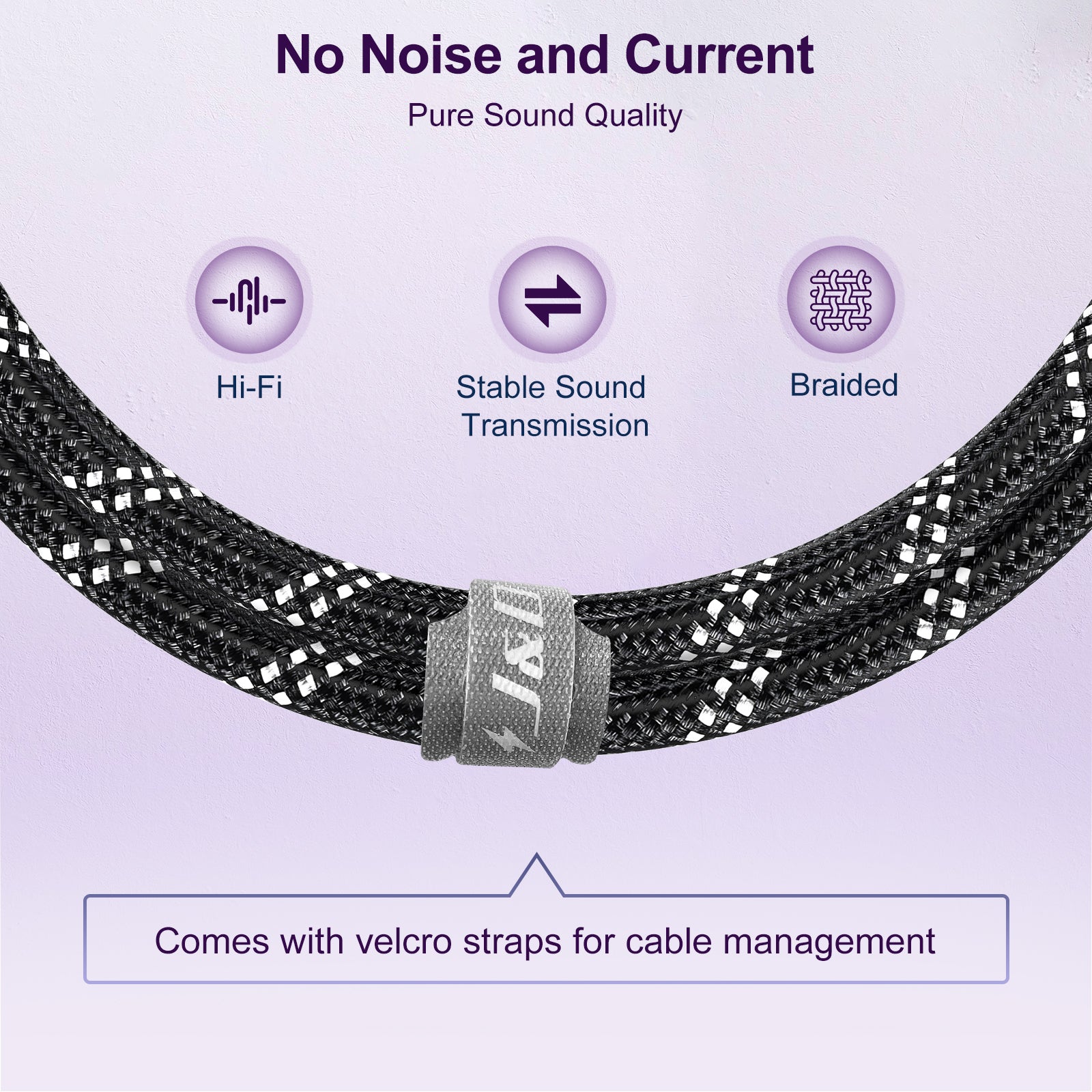 Braided audio cable with a silver metal connector clasp featuring the JBL logo, displayed on a light purple background with feature icons and text highlighting Hi-Fi sound, stable transmission, braided construction, and velcro cable management.