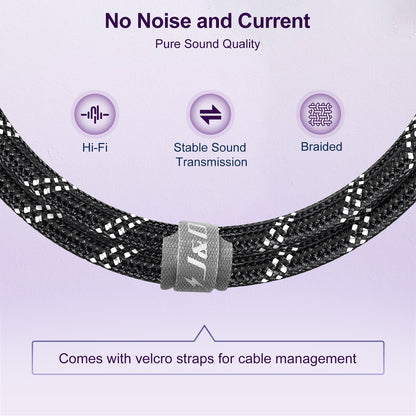 Braided audio cable with a silver metal connector clasp featuring the JBL logo, displayed on a light purple background with feature icons and text highlighting Hi-Fi sound, stable transmission, braided construction, and velcro cable management.