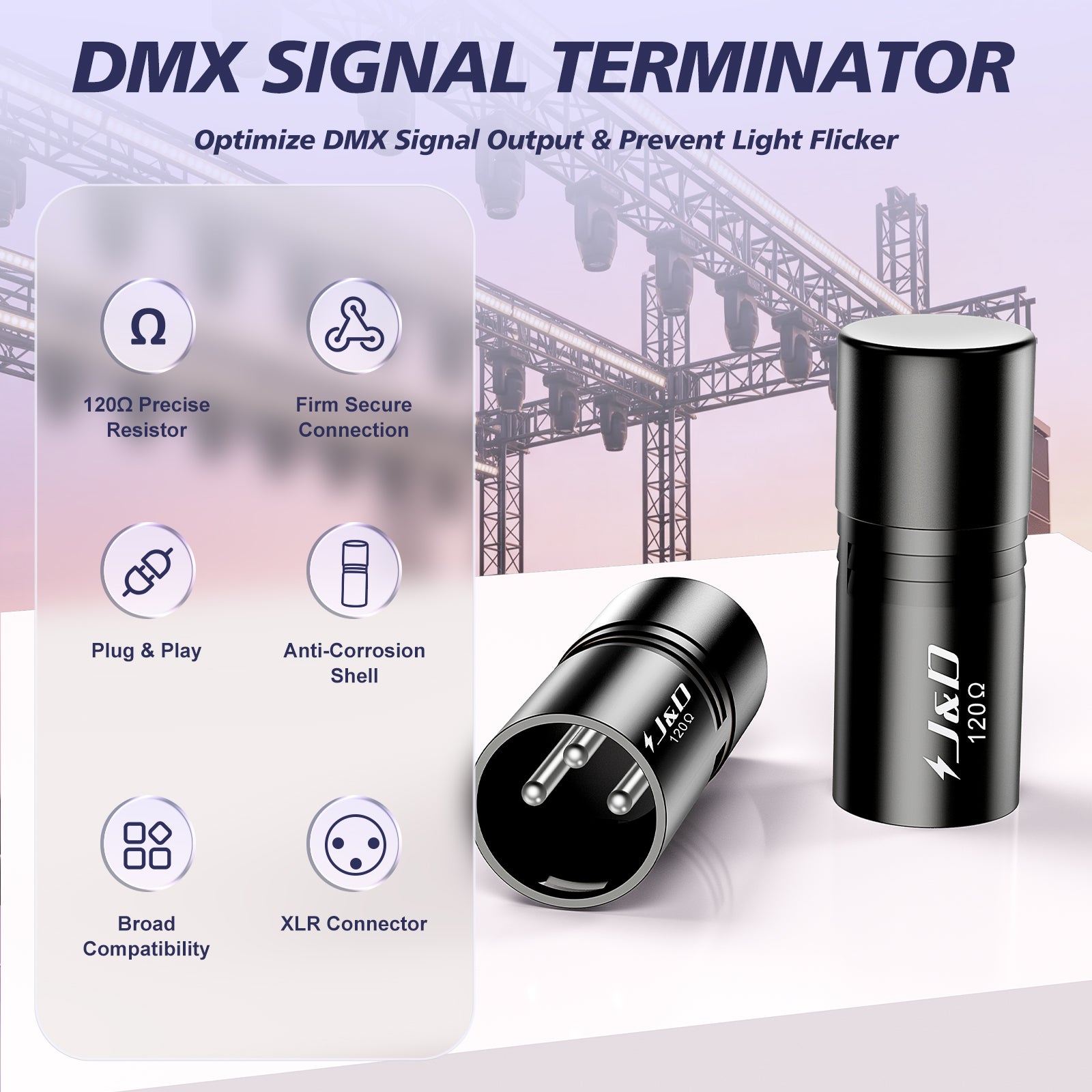 Black DMX signal terminator adapters shown on a clean studio-style background with marketing text and feature icons. The image includes a vertical and horizontal adapter view, with the text 'DMX SIGNAL TERMINATOR' at the top and feature callouts about resistance, secure connection, plug-and-play, anti-corrosion shell, broad compatibility, and XLR connector.