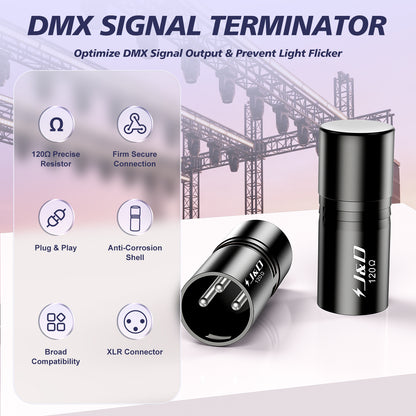 Black DMX signal terminator adapters shown on a clean studio-style background with marketing text and feature icons. The image includes a vertical and horizontal adapter view, with the text 'DMX SIGNAL TERMINATOR' at the top and feature callouts about resistance, secure connection, plug-and-play, anti-corrosion shell, broad compatibility, and XLR connector.