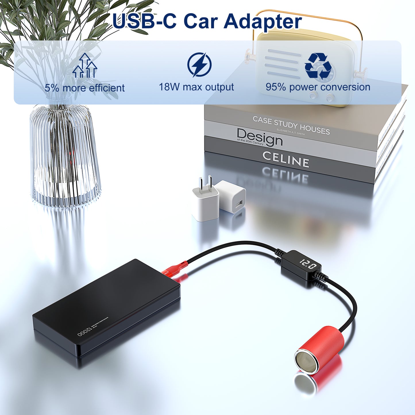 USB C to 12V Car Cigarette Lighter Adapter Cable with Voltage Display, 18W