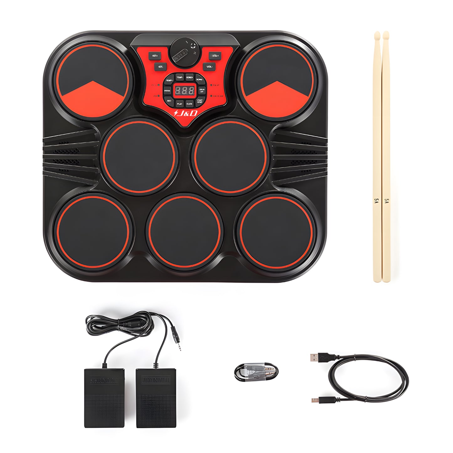 J&D Portable Desktop Electronic Drum Kit with Foldable Design, Foot Pedals, Built-in Sounds & Silent Practice