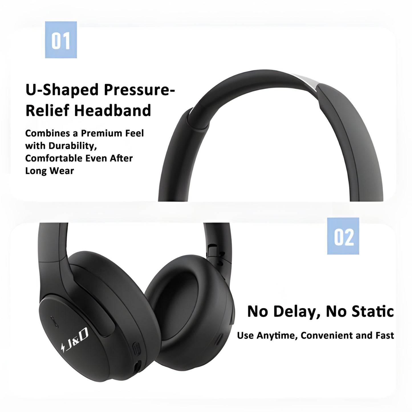 J&D Over-Ear Bluetooth Headphones with Mic, 23.3H Playtime, Ergonomic Comfort & Easy Controls