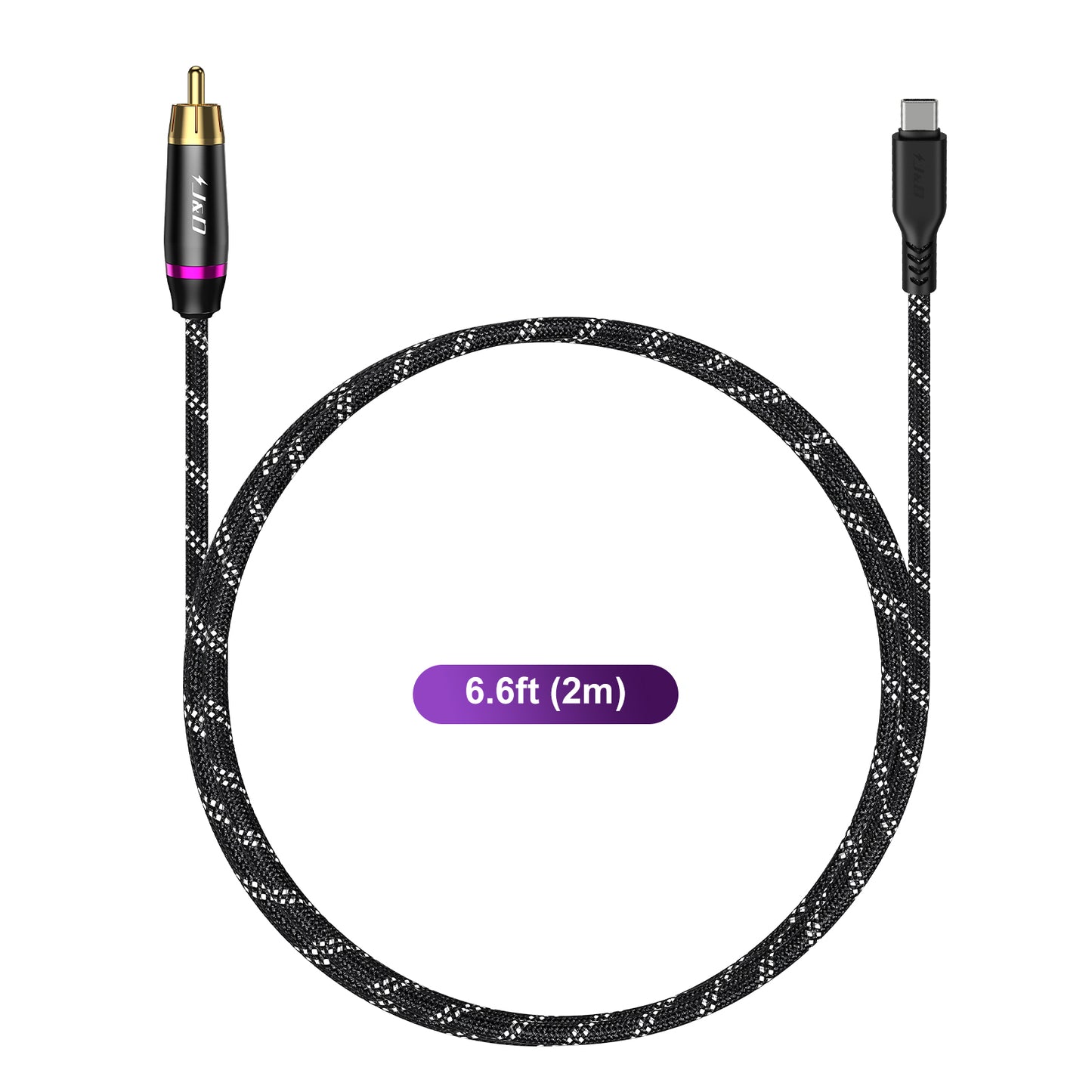 A 6.6ft (2m) braided audio/video cable with a black and white patterned body, featuring a gold-plated RCA connector on one end and a USB-C connector on the other, displayed on a clean white background with a purple size label overlay.