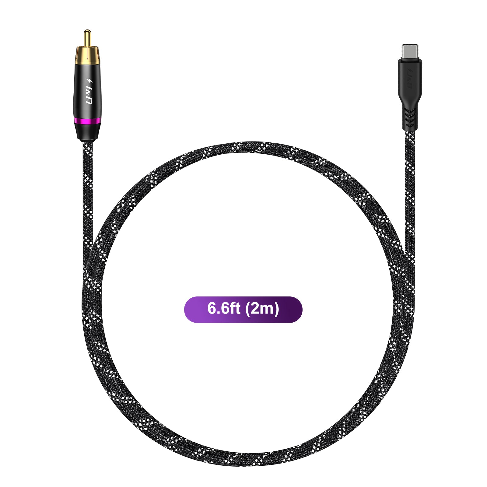A 6.6ft (2m) braided audio/video cable with a black and white patterned body, featuring a gold-plated RCA connector on one end and a USB-C connector on the other, displayed on a clean white background with a purple size label overlay.