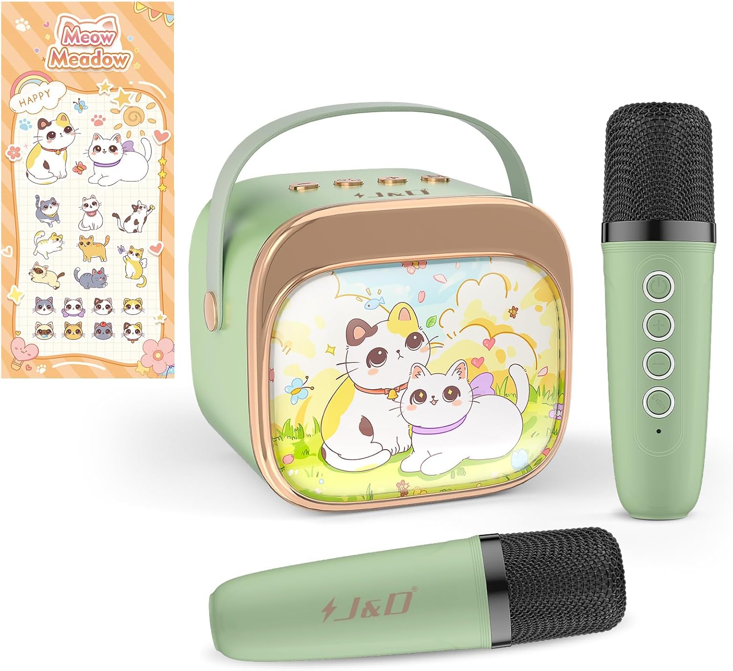 kids mini karaoke machine with 2 wireless microphones, Bluetooth speaker with LED lights, portable party toy for girls and boys