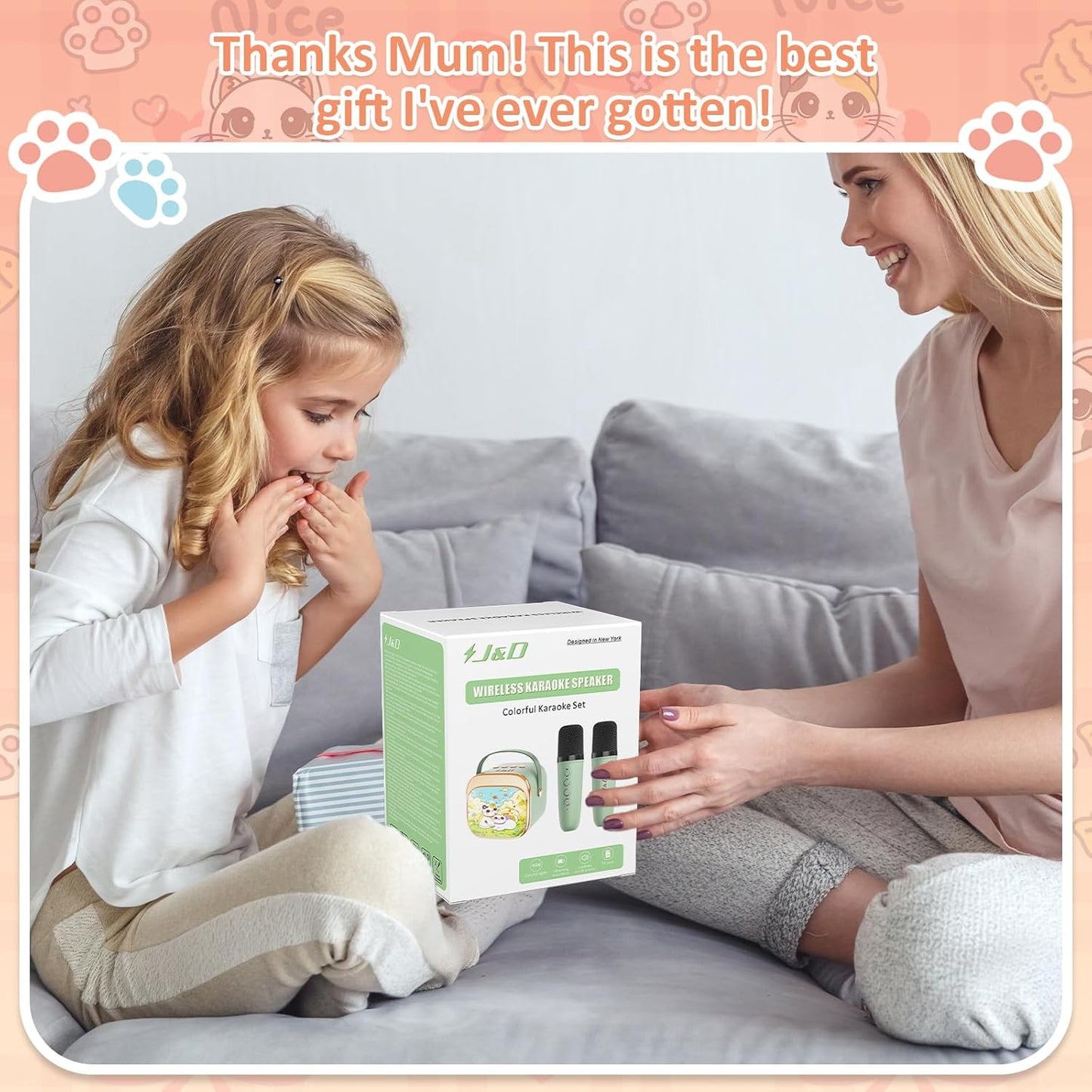 Woman and child sitting on a couch with a product box, surrounded by paw prints and text expressing gratitude.