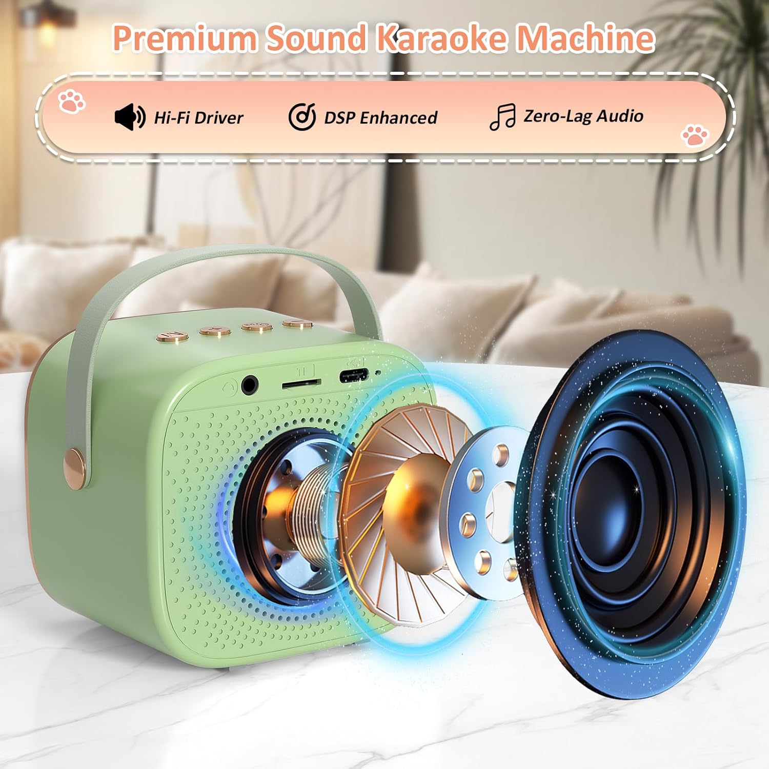 Green karaoke machine with detailed components on a white surface, labeled as a premium sound karaoke machine.