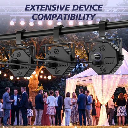 Three black outdoor event lighting fixtures suspended from a track above a wedding reception scene at dusk, with the text 'EXTENSIVE DEVICE COMPATIBILITY' at the top.