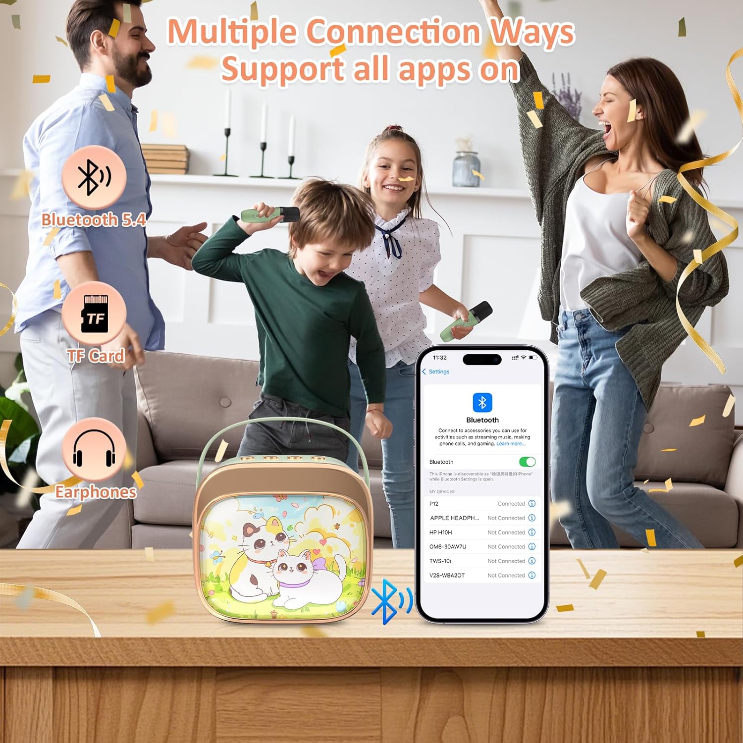 Family in a living room with a product on a table, featuring Bluetooth, TF card, and earphones icons.