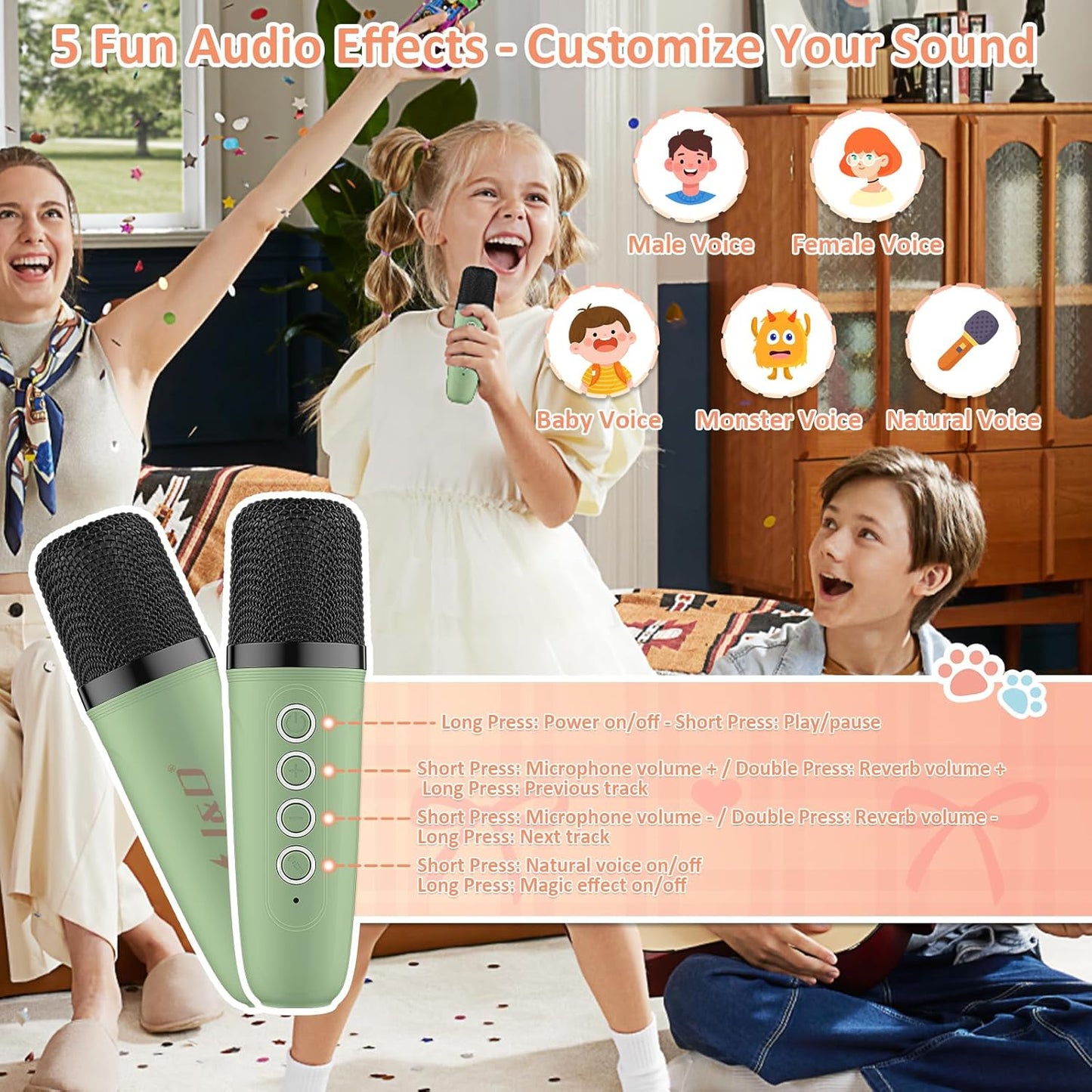 Children using a green microphone with audio effect options displayed on screen
